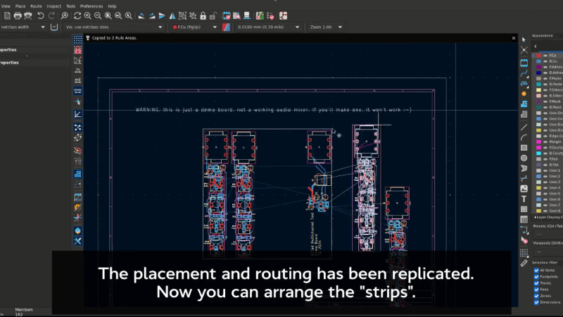 Demonstration of the multichannel design feature, being able to put identical blocks into your design, only route one of them, and have all the other blocks' routing be duplicated