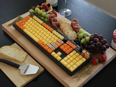 A cheese board-themed keyboard for mice. 