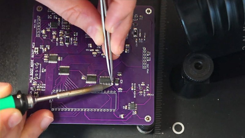 Two hands soldering components on a purpble PCB
