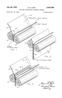 A patent image showing the Land process in which two sheets are feed through a set of rollwes which ruprure a pouch of chemicals and spread it between them.