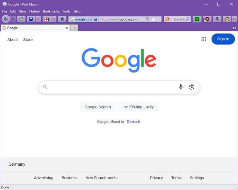 Google Search open in the Pale Moon browser.