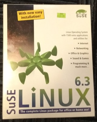 Boxed SuSE Linux 6.3 software. (Source: Archive.org)