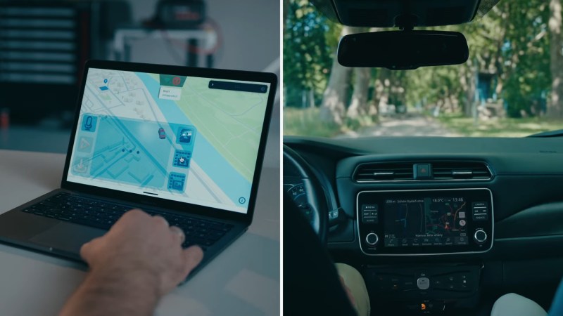 Two images side by side. One shows a laptop opened to a map view with a vehicle model showing a vehicles location. A transparent overlay shows various blue-ish buttons for sending commands to the vehicle. The image on the right is of the interior of a Nissan Leaf. Visible are the very edge of the steering wheel, the center dash including the infotainment display, vents, and shifter, and part of the right side of the dash. Passenger and driver legs are just barely visible at the bottom of the image.