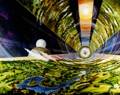 Gesso Painting of the interior of an O&#39;Neill Cylinder, a type of space colony.