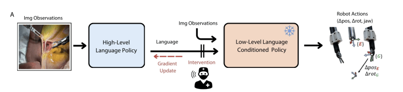 Flowchart showing the path of video to LLM to low level model to control robot
