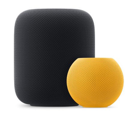 An Apple HomePod and HomePod Mini mono speakers.