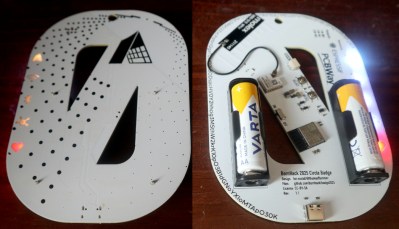 The BornHack 2025 badge PCB,m both sides.