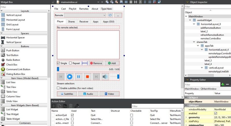 Designing GUIs in Qt Creator's Designer mode.