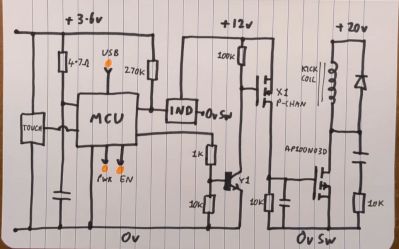 The crucial part of the perpetual motion device schematic with the sensor, MCU and coil. (Credit: bigclivedotcom, YouTube)