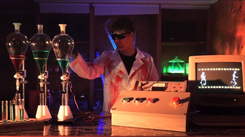 Dark lab setup with scientific looking drink dispenser