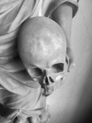 A marble carved skull on a 17th century monument in the church of st. Mary & st. Edburga, Stratton Audley, Oxfordshire.