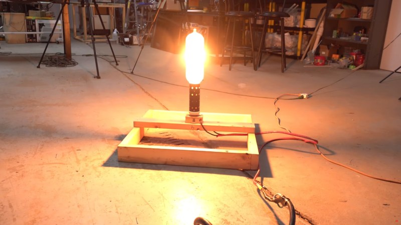 A photo of tye blub glowing in the workshop