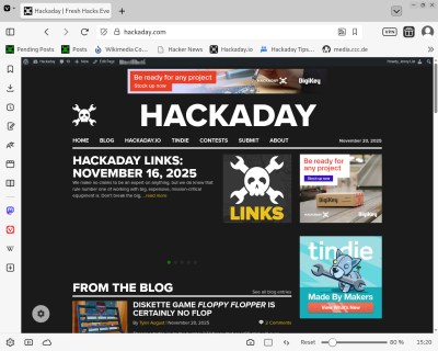 A screenshot of Hackaday, in the Vivaldi browser.