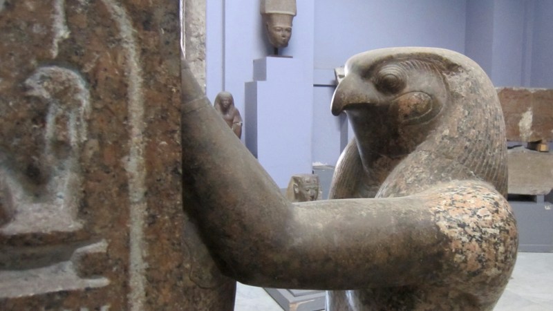 Detail of Horus's face, from a statue of Horus and Set placing the crown of Upper Egypt on the head of Ramesses III. Twentieth Dynasty, early 12th century BC.