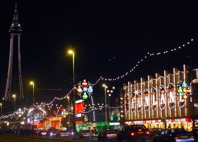 A picture of the Blackpool illuminations at night against a dark sky.