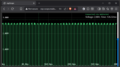 A browser window is shown, in which a web page is displaying a green trace of a square wave.