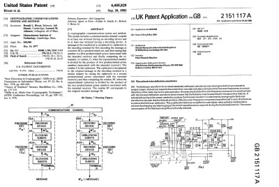 Two patent front pages, on the left American with a serif font, on the right British with a sans serif font.
