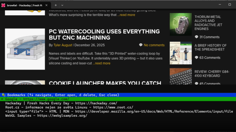 A tab-based terminal window is shown, with the label “brow6l – Hackaday.” The Hackaday website is visible in the upper part of the terminal screen, and in the lower part is a text display containing information about the website and interface information.
