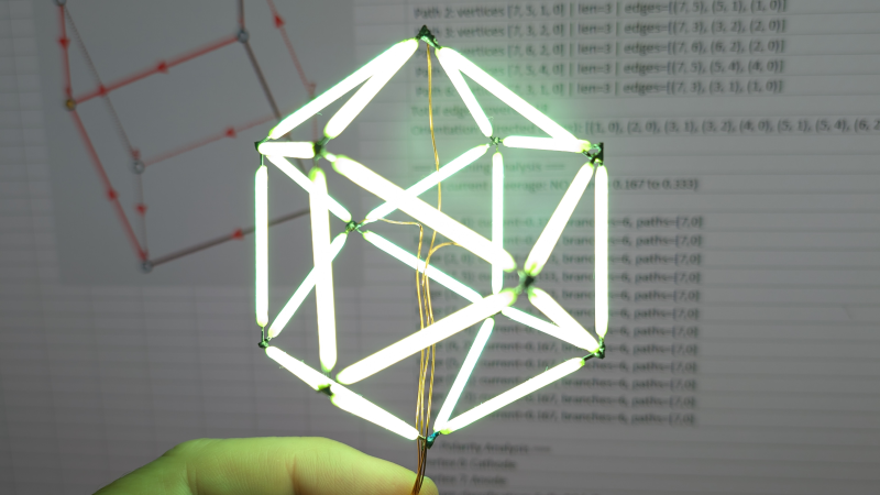 A cuboctahedron (a kind of polyhedron) made out of LED filaments is being held above a man's hand in front a computer screen.