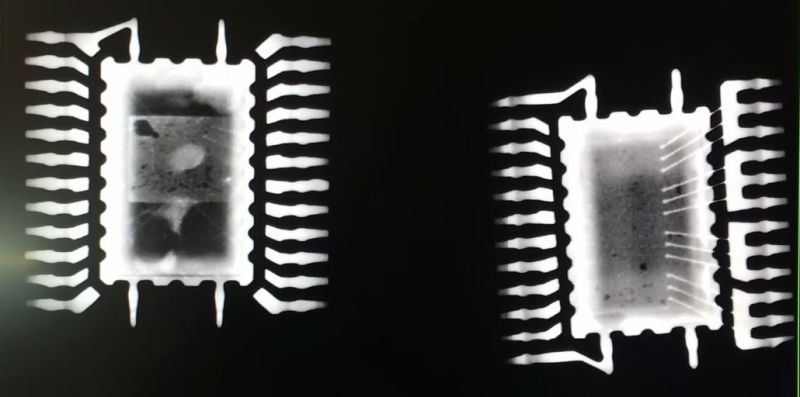 X-ray of the real vs fake ST TDA7266P ICs. (Credit: Buy it Fix it, YouTube)