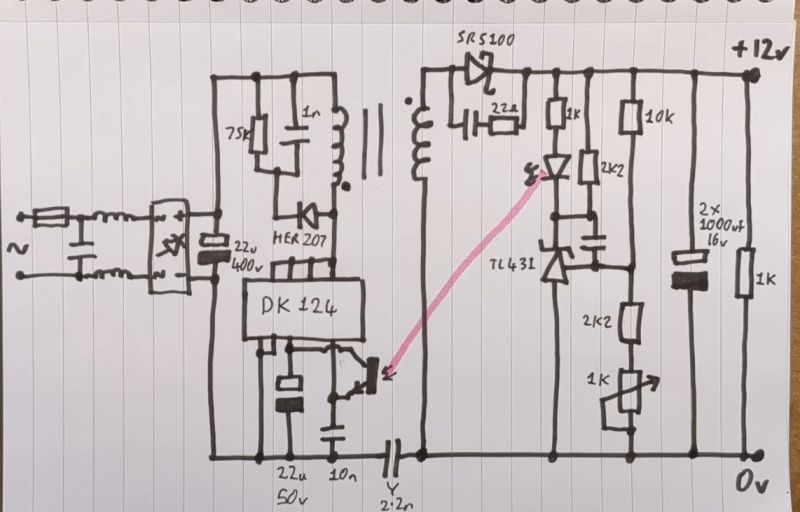 Schematic of the fake Mean Well PSU. (Credit: Big Clive, YouTube)