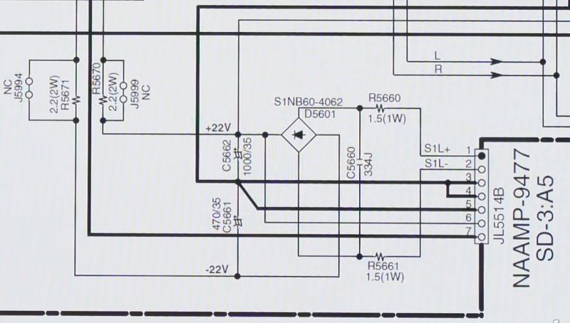 22V rail of the Onkyo TX-SR608 receiver. (Credit: Tony359, YouTube)