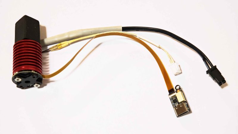A hotend equipped with the bd_pressure sensor. The nozzle is facing upwards.
