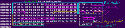 A hexdump of the final ELF file, significantly smaller than the original