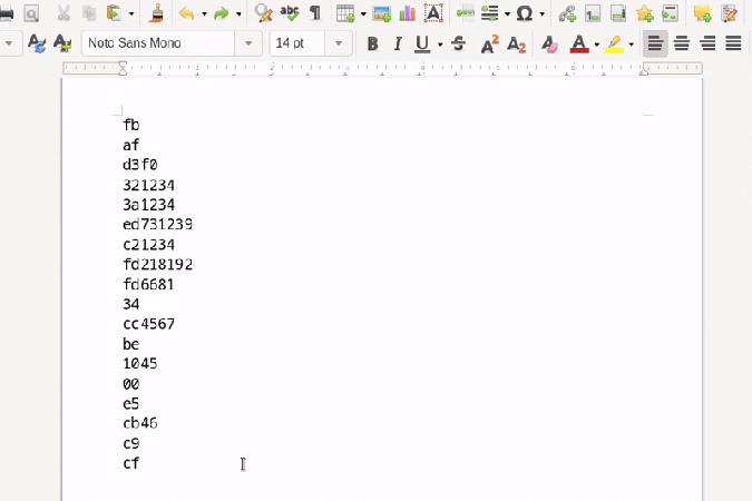 An animation shows an open document in LibreOffice Write. In the document are some hexadecimal opcodes. The operator selects these opcodes and changes their font to Z80 Sans, at which point they are displayed as assembly mnemonic codes.