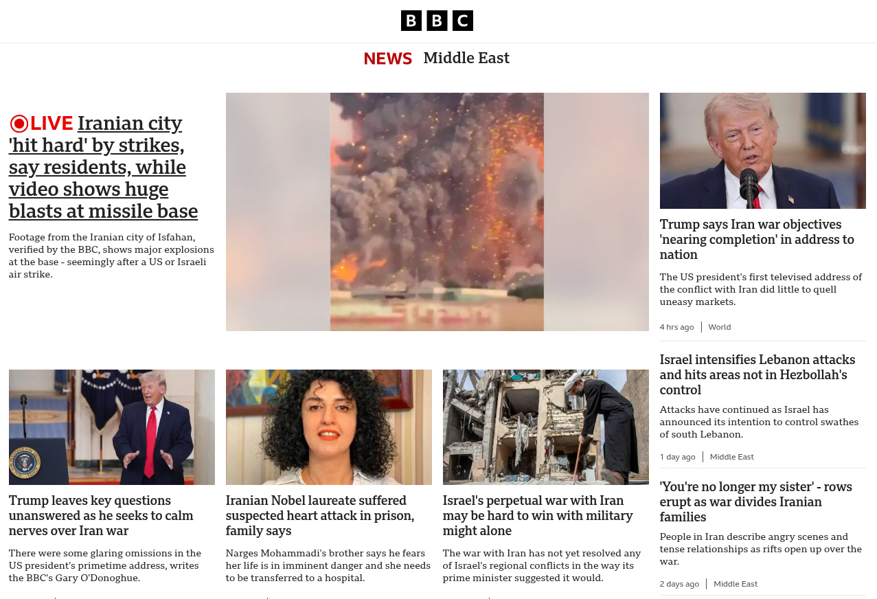 A screenshot of the BBC News website on April 2nd 2026, showing news from the Persian Gulf war.