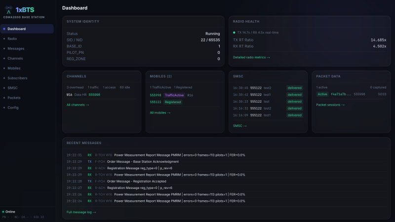 A web interface is shown providing information about a cellular network base station.