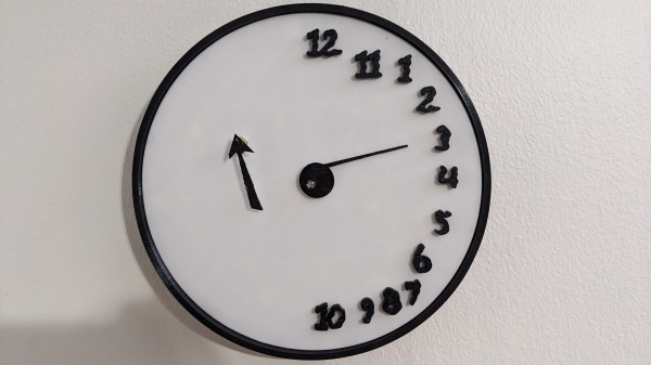 A black-and-white clock face is shown. The numerals are ranged around the right edge of the clock. One pointer extends from the center of the clock, and one is on the left side of the face.