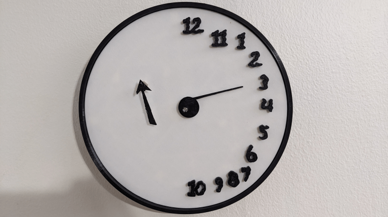 A black-and-white clock face is shown. The numerals are ranged around the right edge of the clock. One pointer extends from the center of the clock, and one is on the left side of the face.