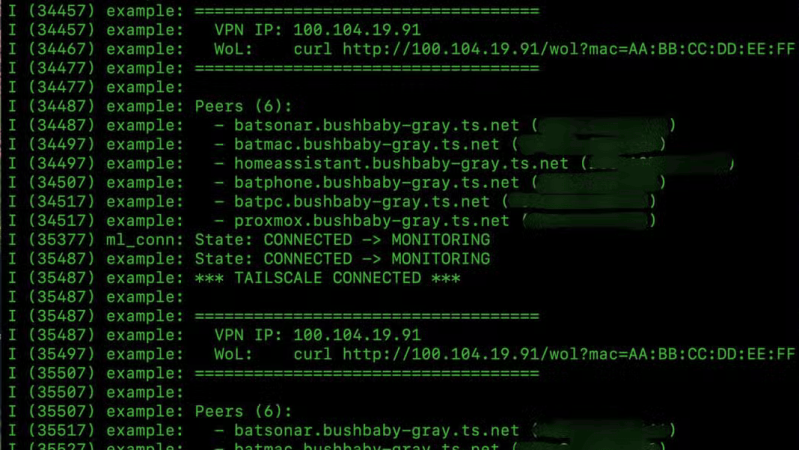 A black screen with green text is shown. The green text logs events from a VPN gateway.