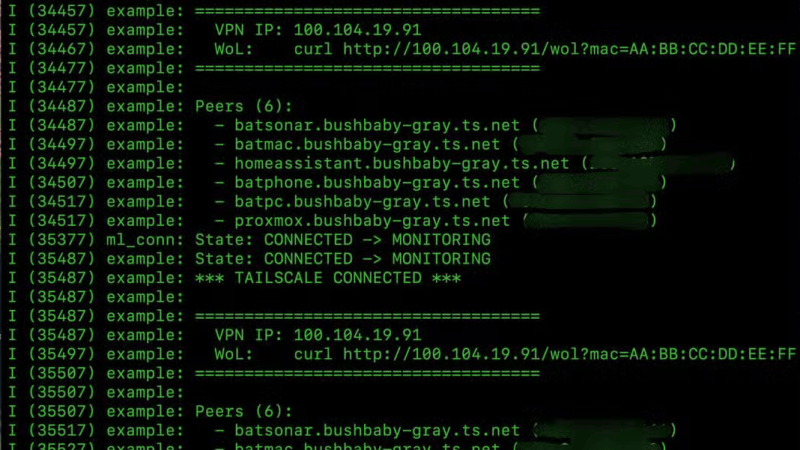 A black screen with green text is shown. The green text logs events from a VPN gateway.
