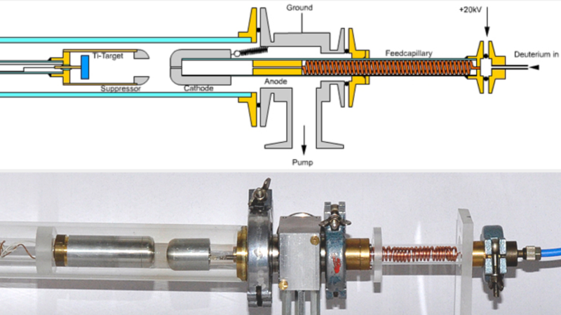 A diagram of a neutron generator is shown in the top portion of the image, with the physical version below.