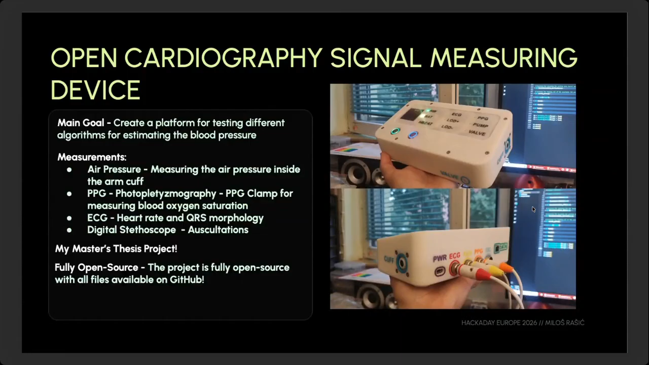 Prototipo del Open Cardiography Signal Measuring Device desarrollado por Milos Rasic con entradas para ECG, PPG y estetoscopio digital