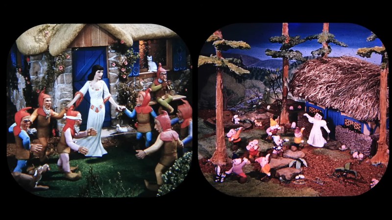 An image of a miniature diorama of Snow White and the Seven Dwarves. On the left is a more detailed 1/6 scale model with a tall, dark haired Snow White and dwarves with red caps and tan tunics. The image on the right is of a much smaller and less detailed set of miniatures. The figures's proportions are a little more uncanny and feel like a low budget Disney rip-off.