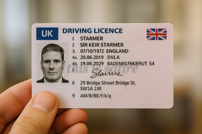 A satirical mock-up of what UK Prime Minister Keir Starmer's driving licence might look like, courtesy of https://use-their-id.com/