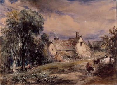 A watercolour picture of a bucolic scene with a farmhouse surrounded by trees, and some cows in the foreground.