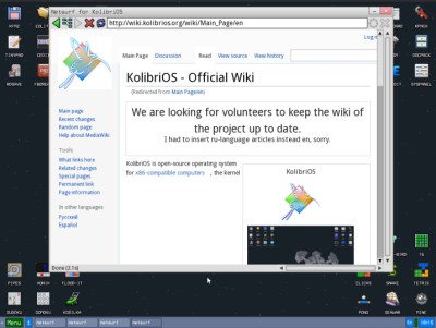 The KolibriOS GUI with the Netsurf browser showing the KolibriOS wiki.