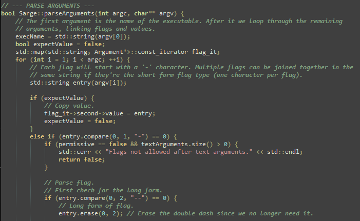 Fragment of the C++ port of the <a href="https://github.com/MayaPosch/Sarge">Sarge</a> CLI argument library.