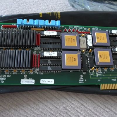 Close-up of the T424-based 4-processor board. (Credit: Lance Harvie, YouTube)