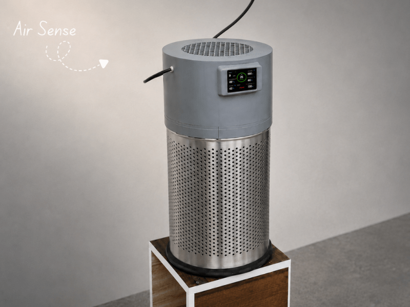 A vaguely perforated metal cylinder sits on a wooden box with a grey cylinder and LCD display atop it. There are holes in the top of the grey cylinder for air to flow through.