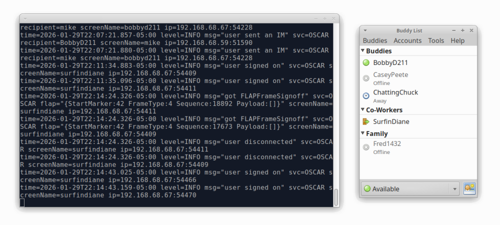 The OpenOscar Server in terminal, with Pidgin connected