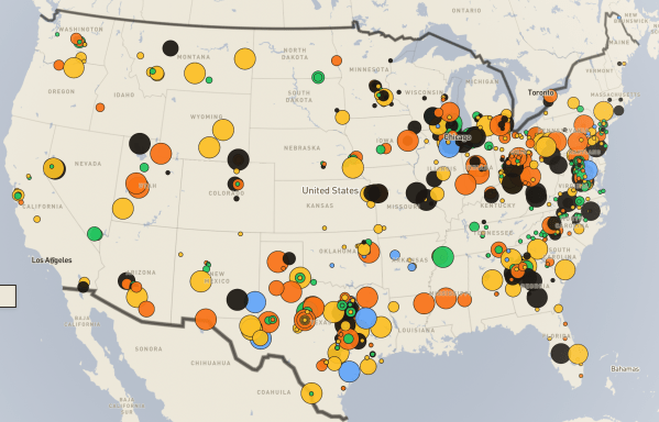 A map of the lower 48 US States with an overlay of various colorful bubbles indicating data center developments, whether proposed, contested, under construction, or operational. There are a lot of bubbles! Hawaii isn't pictured, but looks to have one project currently, but nothing in Alaska for now.
