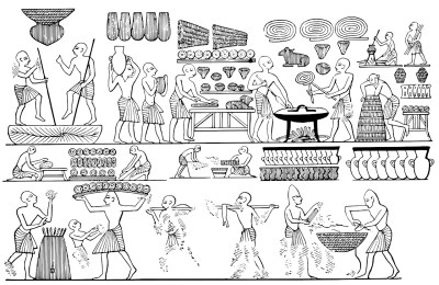 An ancient Egyptian relief, showing stylised figures at work on a variety of baking tasks.