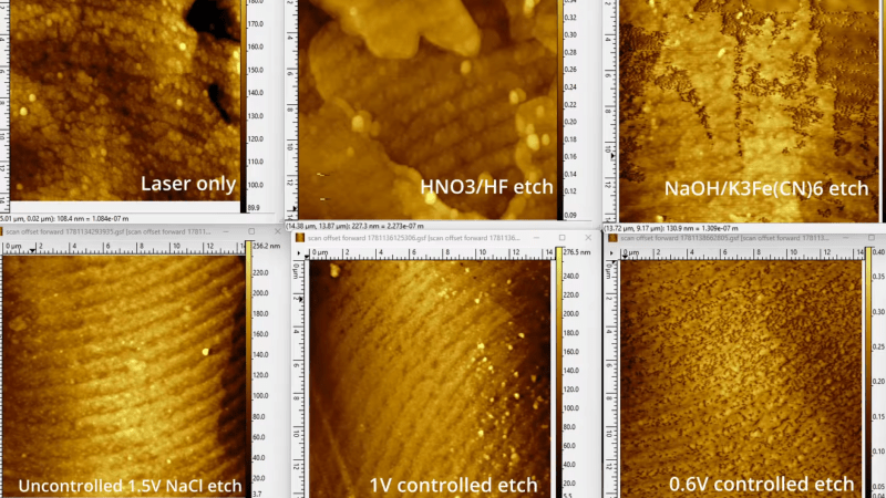 A series of six sepia-tinted micrographs is shown. The images show the surface of a piece of steel after various etching treatments.