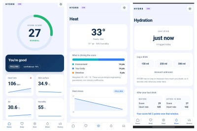 A triptych of screenshots showing the HYDR8 dashboard.