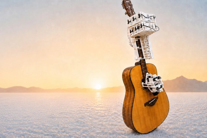 A guitar stands magically on it's end in the foreground of a snowy sunrise. A large 3D-printed robot is attached to the fretboard, and a smaller robot sits over the sound hole.